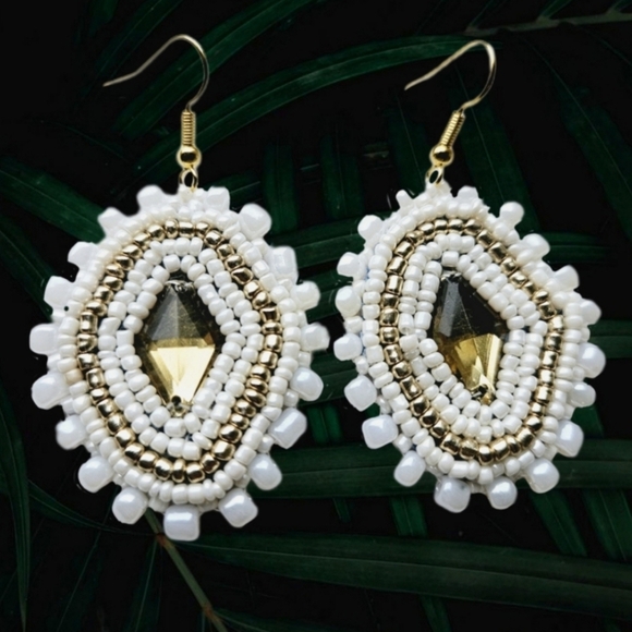 2/$27 | White + Gold Beaded Bohemian Indigenous Native Hoop Earrings | Handmade - Picture 7 of 8